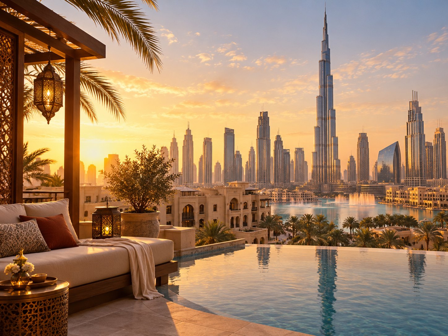 The Dubai skyline at sunset