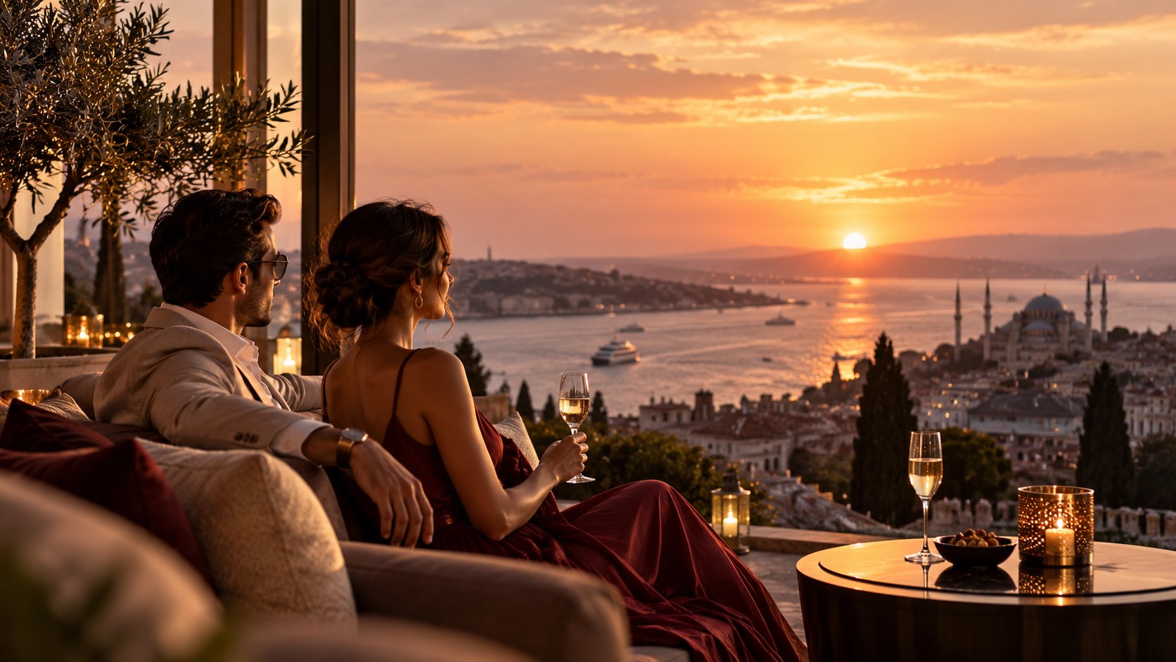Dusk horizon seen from altitude, with a city glowing below